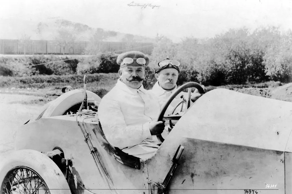 Christian Lautenschlager and co-driver Hans Rieger in the 115 hp Mercedes Grand Prix racing car, winners of the French Grand Prix near Lyon on July 4, 1914.