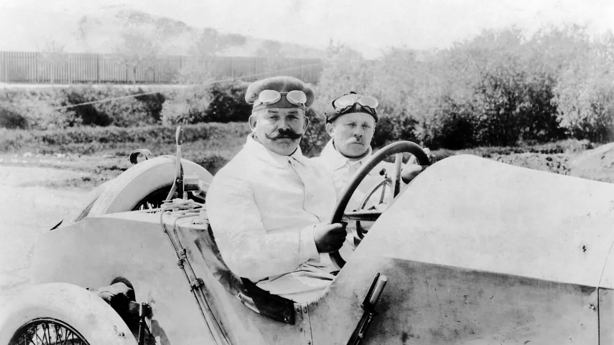 Christian Lautenschlager and co-driver Hans Rieger in the 115 hp Mercedes Grand Prix racing car, winners of the French Grand Prix near Lyon on July 4, 1914.