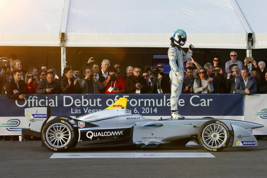 Lucas di Grassi celebrating the test debut of the Formula E car