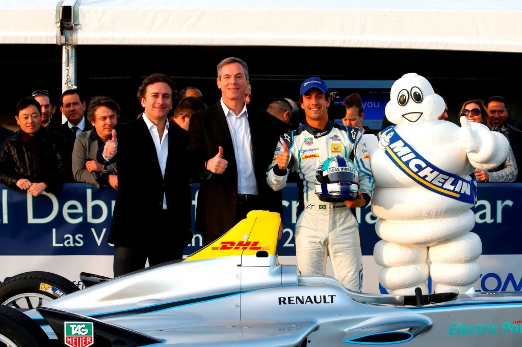 (l-r) Alejandro Agag CEO of Formula E, Paul Jacobs, CEO of Qualcomm, Lucas di Grassi and the Michelin Man