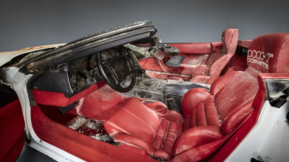 The 1-millionth Corvette produced – this white 1992 convertible – was damaged when it fell into a sinkhole that opened up beneath the National Corvette Museum, in Bowling Green, Ky., on Feb. 12, 2014. This image depicts the as-recovered state of the vehicle.