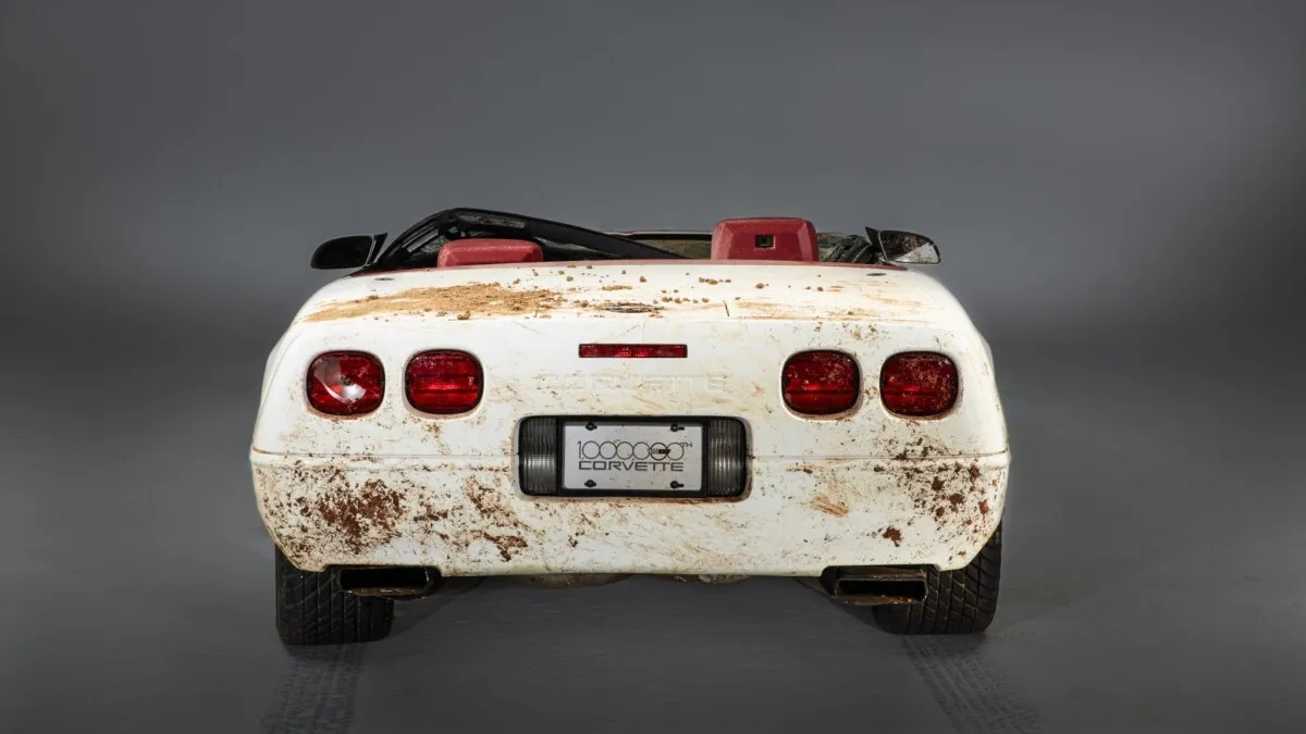 The 1 millionth Corvette produced – this white 1992 convertible – was damaged when it fell into a sinkhole that opened up beneath the National Corvette Museum, in Bowling Green, Ky., on Feb. 12, 2014. This image depicts the as-recovered state of the vehicle.
