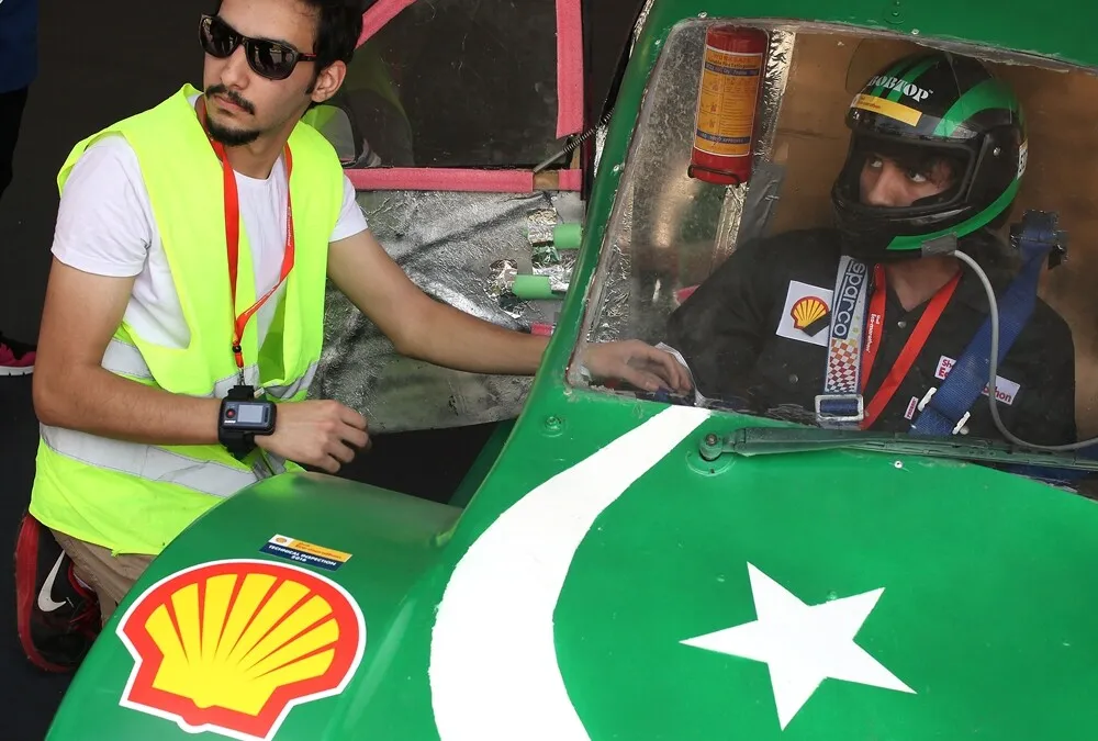 The Type One, #527, a gasoline UrbanConcept vehicle from Team Urban at the Ghulam Ishaq Khan Institute of Engineering Sciences and Technology in Topi, Pakistan, prepares to enter the track during day three of the Shell Eco-marathon Asia, in Manila, Philippines, Saturday, March 5, 2016. (Nacho Hernandez for Shell via AP Images)