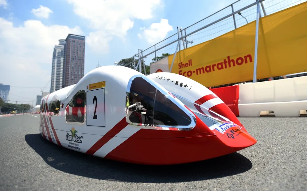 The CD04-evo., #2, a diesel prototype vehicle from Clean diesel Team at the Hyogo Prefectural Tajima Technical Institute in Toyooka, Japan, on the track during the final day of the Shell Eco-marathon Asia in Manila, Philippines, Sunday, March 6, 2016. (Jinggo Montenejo  via AP Images)