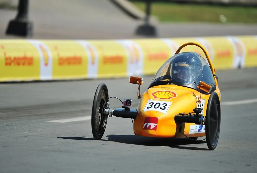 The EcoTraveller, #303, a battery electric prototype vehicle from team EcoTraveller at the Institute of Technical Education (ITE) in Singapore, on the track during final day of the Shell Eco-marathon Asia, in Manila, Philippines, Sunday, March 6, 2016. (Geloy Concepcion/AP Images for Shell)