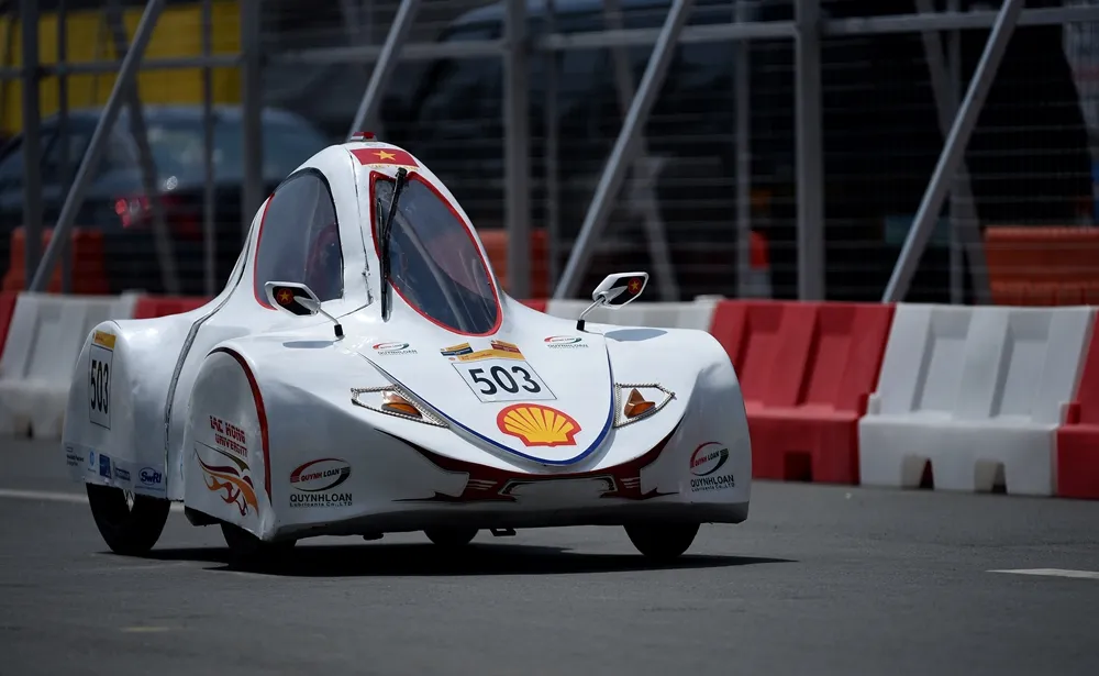 The LH Gold Energy, #503, a ethanol UrbanConcept vehicle from team LH - GOLD ENERGY at the Lac Hong University in Bien Hoa, Vietnam, runs a lap on the track during day three of the Shell Eco-marathon Asia in Manila, Philippines, Saturday, March 5, 2016. (Jinggo Montenejo  via AP Images)