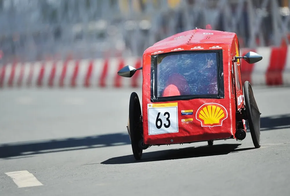 The ECO-ficient, #63, a CNG (Compressed Natural Gas) prototype vehicle from team Eco-Chaser at the Monash University, Malaysia in Subang Jaya, Malaysia, on the track during final day of the Shell Eco-marathon Asia, in Manila, Philippines, Sunday, March 6, 2016. (Geloy Concepcion/AP Images for Shell)