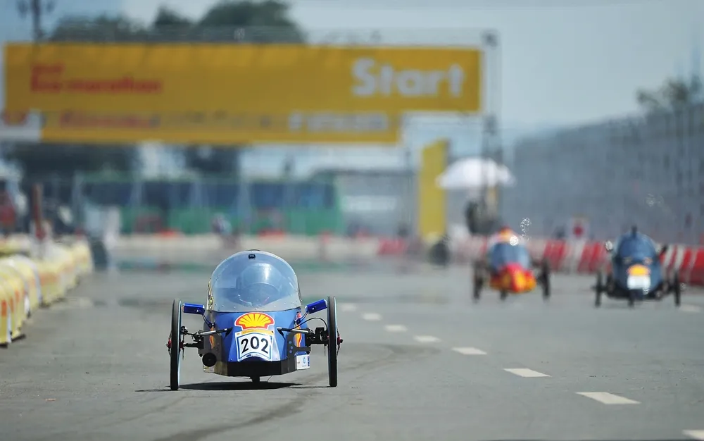 The Evora, #202, a hydrogen prototype vehicle from team Eco-Voyager at the University of Malaya in Bangsar, Malaysia, on the track during final day of the Shell Eco-marathon Asia, in Manila, Philippines, Sunday, March 6, 2016. (Geloy Concepcion/AP Images for Shell)