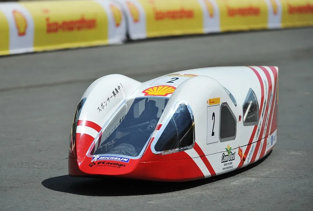 The CD04-evo., #2, a diesel prototype vehicle from Clean diesel Team at the Hyogo Prefectural Tajima Technical Institute in Toyooka, Japan, on the track during final day of the Shell Eco-marathon Asia, in Manila, Philippines, Sunday, March 6, 2016. (Geloy Concepcion/AP Images for Shell)