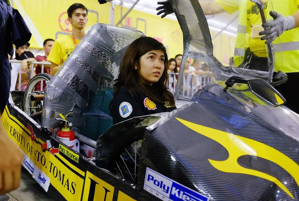 The T400D, #52, a diesel prototype vehicle from team UST Eco-Tigers I at the University of Santo Tomas (UST) in Manila, Philippines, goes through technical inspection during day three of the Shell Eco-marathon Asia, in Manila, Philippines, Saturday, March 5, 2016. (Shell via AP Images)