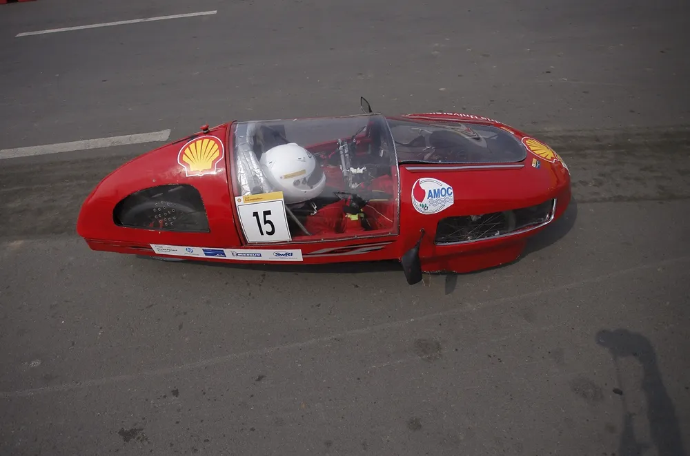 The Normandy 2, #15, a gasoline prototype vehicle from Alexandria University Shell Eco-marathon Team at the Alexandria University Faculty of Engineering in Alexandria, Egypt, on the track during final day of the Shell Eco-marathon Asia, in Manila, Philippines, Sunday, March 6, 2016. (Geloy Concepcion/AP Images for Shell)