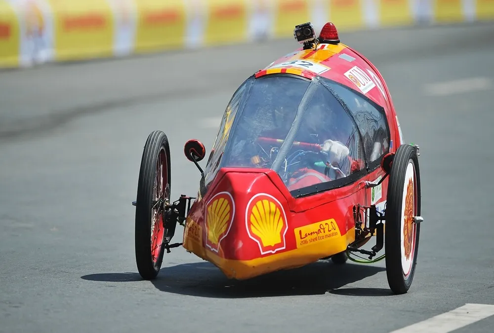 The LUMAD 2.0, #32, a gasoline prototype vehicle from Team UM at the University of Mindanao in Davao, Philippines, on the track during final day of the Shell Eco-marathon Asia, in Manila, Philippines, Sunday, March 6, 2016. (Geloy Concepcion/AP Images for Shell)