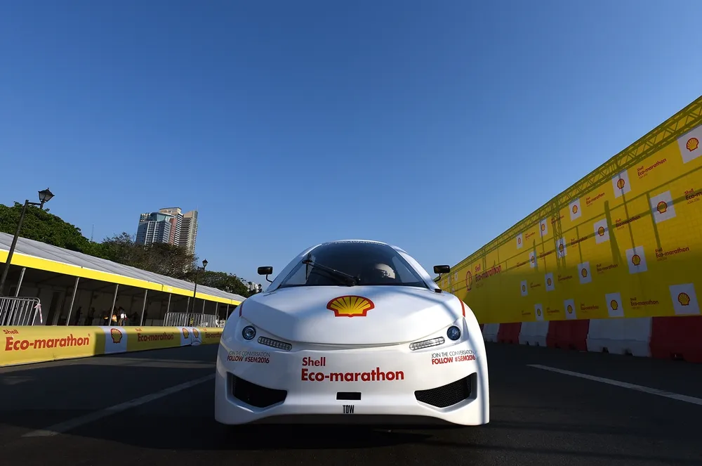 The Shell urban concept car on the track during the final day of the Shell Eco-marathon Asia in Manila, Philippines, Sunday, March 6, 2016. (Jinggo Montenejo  via AP Images)