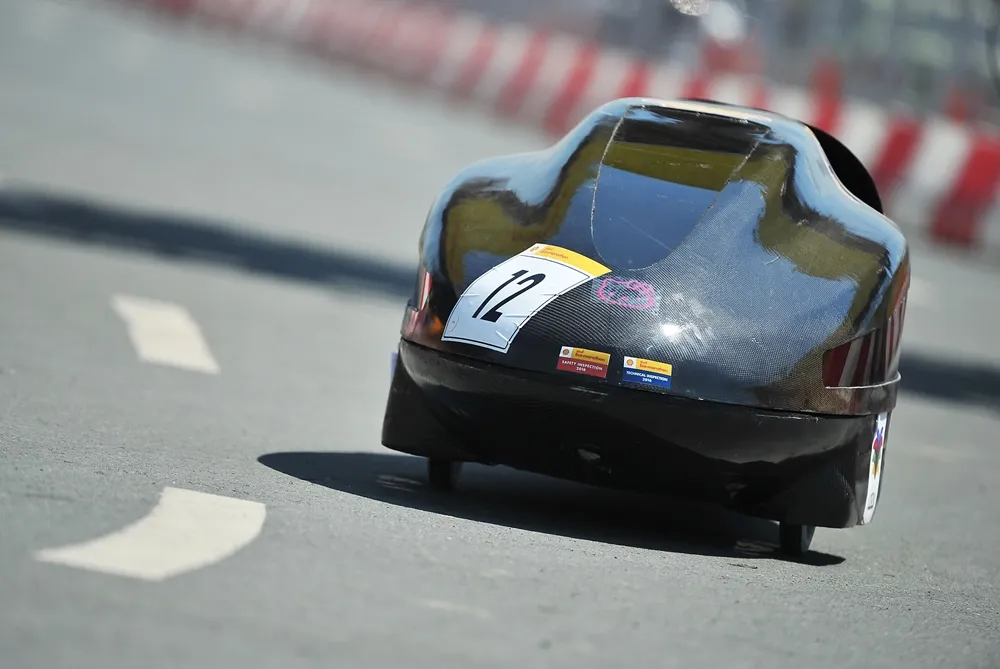 The Riyadh/2, #12, a gasoline prototype vehicle from team Saaf at the King Saud University in Riyadh, Saudi Arabia, on the track during final day of the Shell Eco-marathon Asia, in Manila, Philippines, Sunday, March 6, 2016. (Geloy Concepcion/AP Images for Shell)