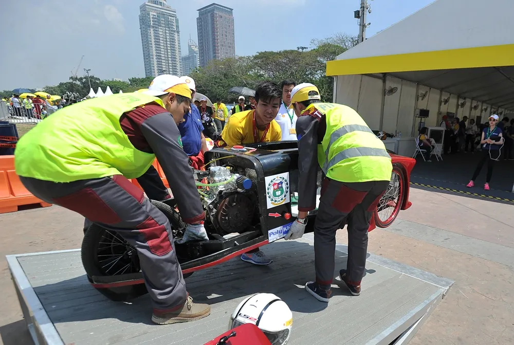 The El Krudo 4, #54, a diesel prototype vehicle from Team Lahutay 4 at the University of San Carlos in Cebu City, Philippines, on the track during final day of the Shell Eco-marathon Asia, in Manila, Philippines, Sunday, March 6, 2016. (Geloy Concepcion/AP Images for Shell)