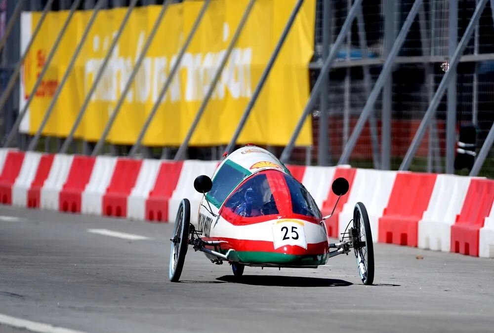 The SQU Eco Wheels, #25, a gasoline prototype vehicle from SQU team at the Sultan Qaboos University in Alkhoudh, Oman, runs on the track during day three of the Shell Eco-marathon Asia in Manila, Philippines, Saturday, March 5, 2016. (Jinggo Montenejo  via AP Images)