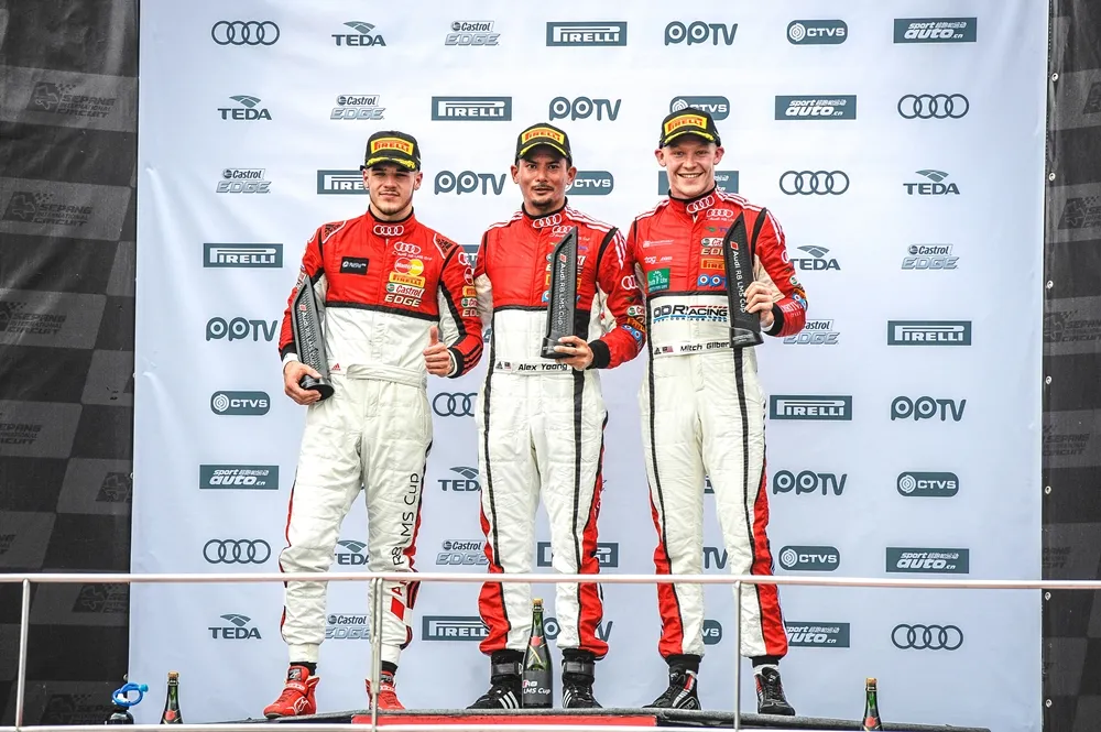 Alessio Picariello (BEL) MGT by Absolute 2nd, Alex Yoong (MAL) Audi R8 LMS Cup 1st & Mitch Gilbert (AUS) OD Racing Team 3rd in Race 2 at Audi R8 LMS Cup, Rd1 and Rd2, Sepang, Malaysia, 6-7 May 2017.