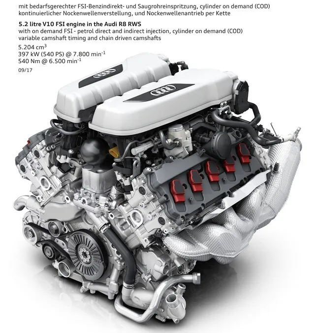 5.2 litre V10 FSI engine in the Audi R8 RWS